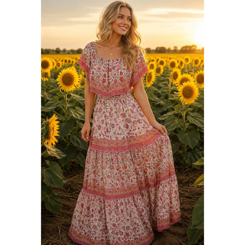 Flying Tomato Pink White Floral Maxi Dress Sz L Off/On shoulder Sheer Overlay
